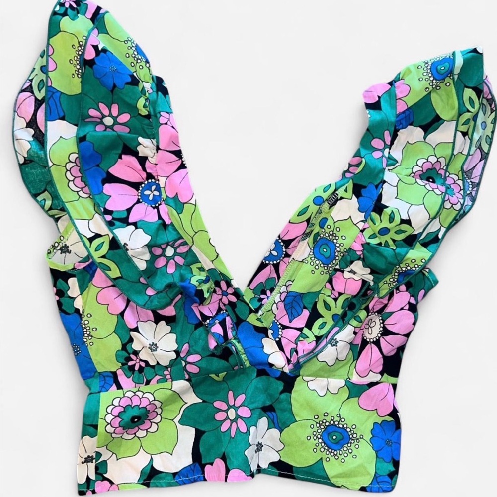 Vibrant Floral Crop Top with Ruffle Sleeves